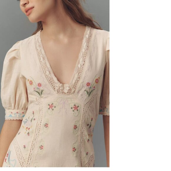 By Anthropologie Linen Blend Puff-Sleeve V-Neck Mini Dress 14 new nwt - Picture 6 of 7